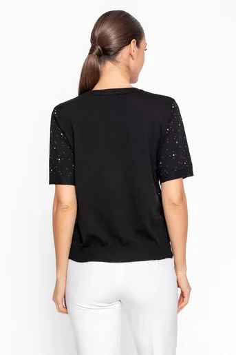Bluză casual tricotată decorată cu strasuri neagră BHD60209
