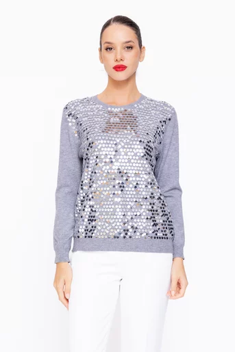 Bluză decolteu rotund decorată cu paiete gri BDP1108