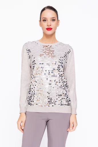 Bluză decoteu rotund decorată cu paiete bej BDP1108