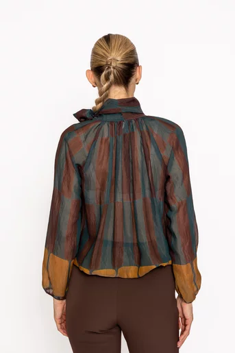 Bluză elegantă cu fundă și imprimeu abstract verde BLM60805