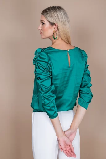 Bluza eleganta din satin cu manecile incretite verde B4229