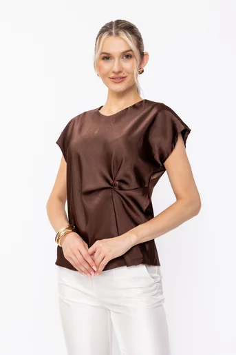 Bluză elegantă din satin cu nod maro BLA60501