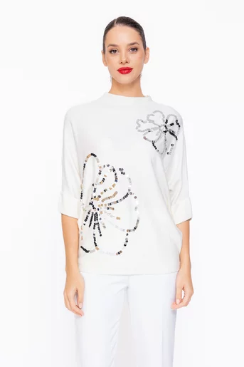 Bluză lejeră cu floare din paiete ivory BSUN1104