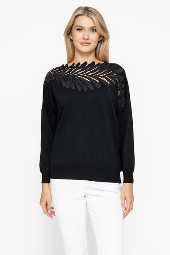 Bluză lejeră cu frunză decorativă neagră BLA1010