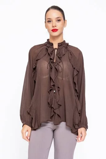 Bluză lejeră cu volane maro BEF1005