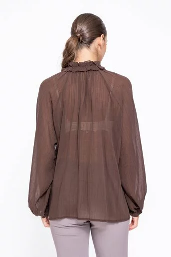 Bluză lejeră cu volane maro BEF1005