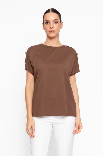 Bluză lejeră din bumbac maro cu accesorii BZD60206