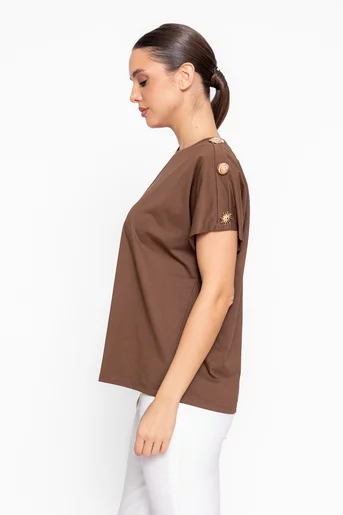 Bluză lejeră din bumbac maro cu accesorii BZD60206