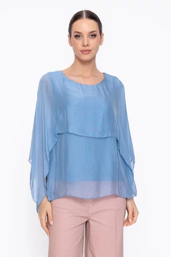 Bluză lejeră din mătase cu capă bleu BDP60306