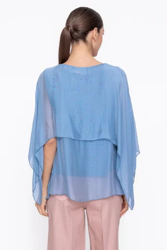 Bluză lejeră din mătase cu capă bleu BDP60306