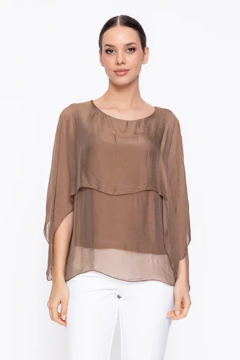 Bluză lejeră din mătase cu capă maro BDP60306