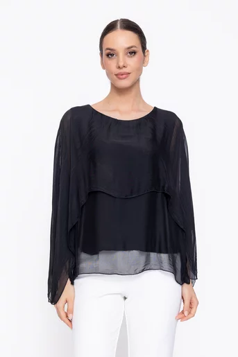 Bluză lejeră din mătase cu capă neagră BDP60306