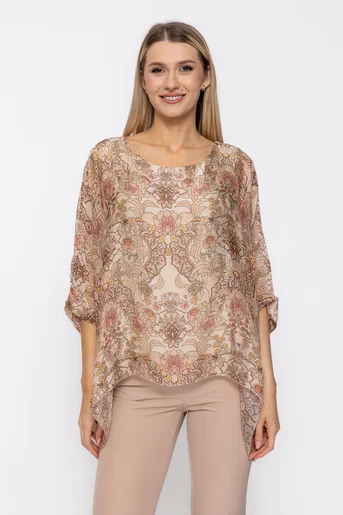 Bluză lejeră din mătase cu colțuri imprimeu floral bej  BDP60504