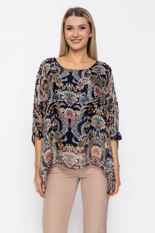 Bluză lejeră din mătase cu colțuri imprimeu floral bleumarin  BDP60504 thumbnail picture - 