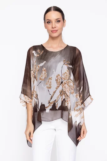 Bluză lejeră din mătase cu colțuri maro BDP60309