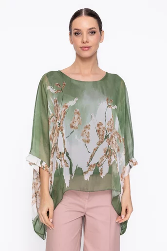 Bluză lejeră din mătase cu colțuri verde BDP60309