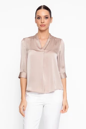 Bluză lejeră din satin cu decolteu în v bej BBD60202
