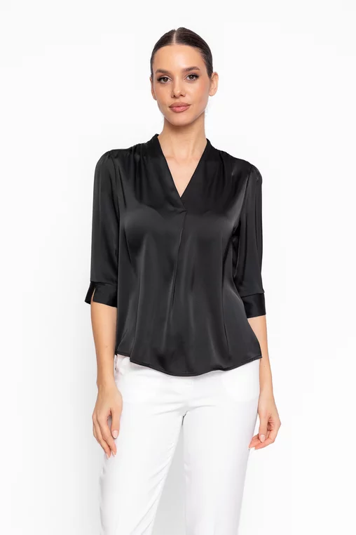 Bluză lejeră din satin cu decolteu în v neagră BBD60202 thumbnail picture - 