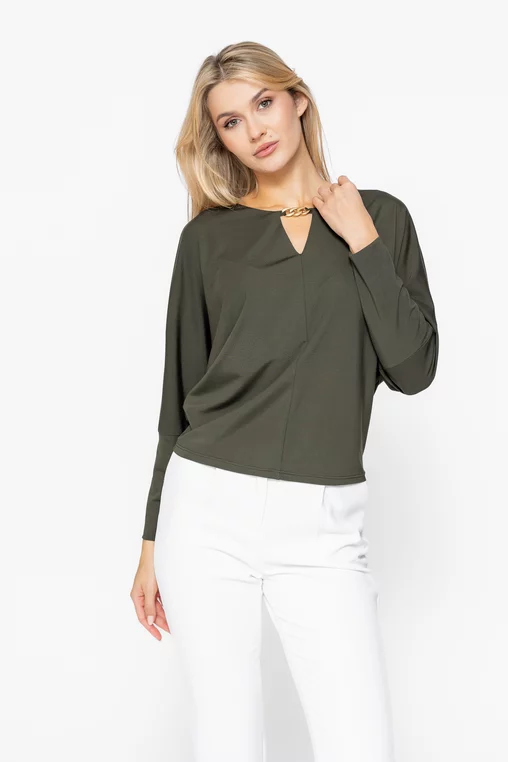 Bluza lejera din vascoza cu accesoriu kaki B4541 thumbnail picture - 