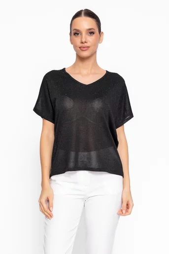 Bluză lejeră în v cu strasuri neagră BHD60203