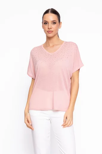 Bluză lejeră în v cu strasuri roz BHD60203
