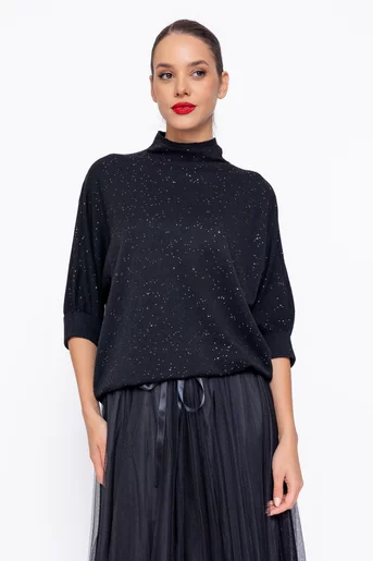 Bluză mânecă chimono cu paiete discrete neagră BSUN1105