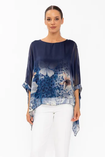 Bluză mătase bordura flori bleumarin BHF60801
