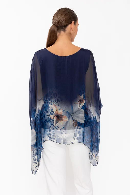 Bluză mătase bordura flori bleumarin BHF60801 thumbnail picture - 