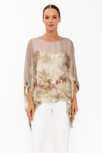 Bluză mătase bordura flori taupe BHF60801