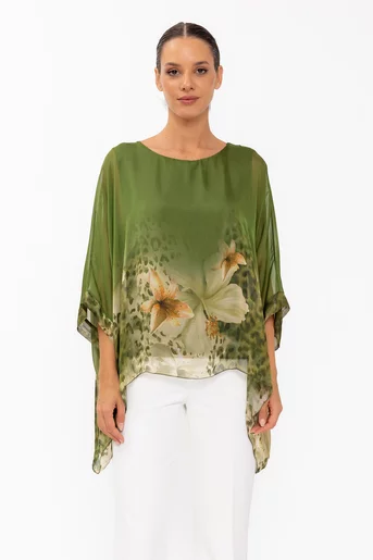 Bluză mătase bordura flori verde  BHF60801