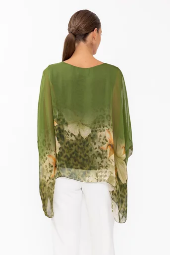 Bluză mătase bordura flori verde  BHF60801