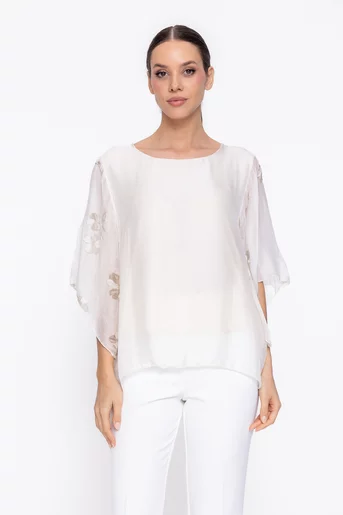 Bluză mătase cu mâneca imprimată ivory BDP60504