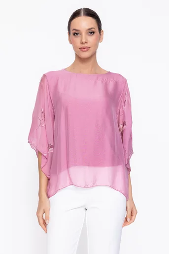 Bluză mătase cu mânevca imprimată roz BDP60310