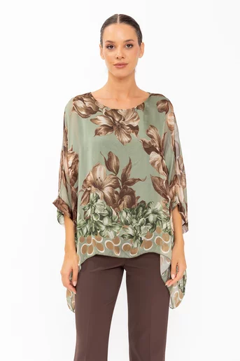 Bluză mătase verde imprimeu floral BHF60801