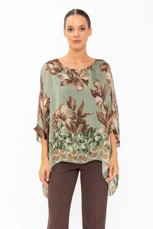 Bluză mătase verde imprimeu floral BHF60801 thumbnail picture - 