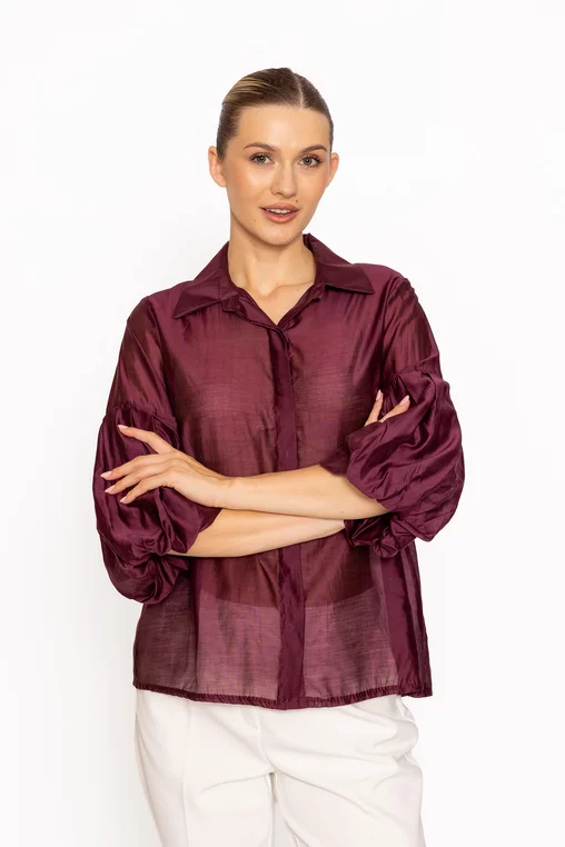 Bluză tip cămașă cu mâneci bufante burgundy BLM60807 thumbnail picture - 