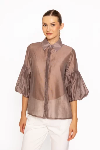 Bluză tip cămașă cu mâneci bufante taupe BLM60807