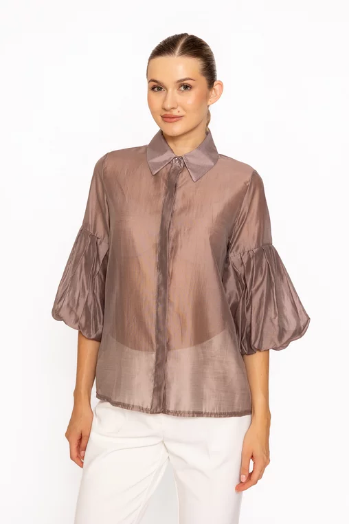 Bluză tip cămașă cu mâneci bufante taupe BLM60807 thumbnail picture - 