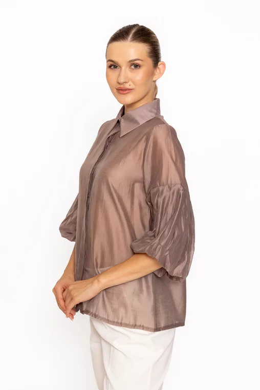 Bluză tip cămașă cu mâneci bufante taupe BLM60807 thumbnail picture - 