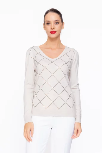 Bluză tricot în v cu model romburi bej BDM1105