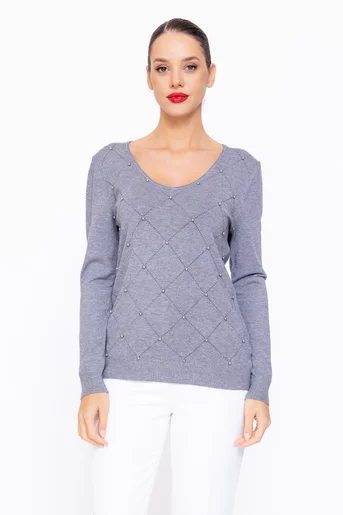 Bluză tricot în v cu model romburi gri BDM1105