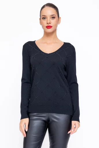 Bluză tricot în v cu model romburi neagră BDM1105