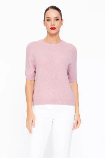 Bluză tricotaj moale cu mâneci scurte roz pudră BMAG1001