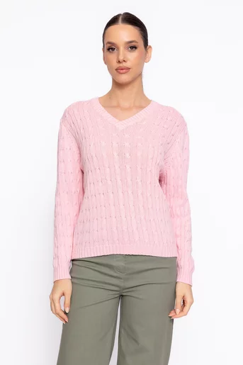 Bluză tricotată cu decolteu în V roz BLT60202