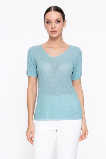 Bluză tricotată cu decolteu în v turcoaz BDP60317