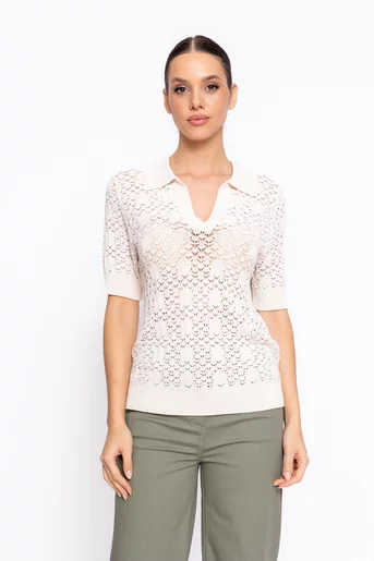 Bluză tricotată cu guler ascuțit crem BHD60207