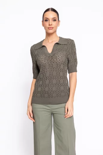 Bluză tricotată cu guler ascuțit kaki BHD60207