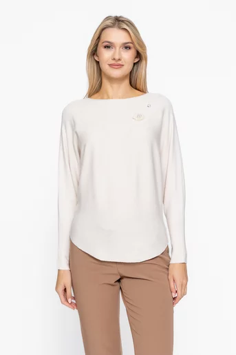 Bluză tricotată cu mânecă chimono si accesoriu decorativ bej BSUN1003