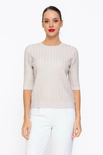 Bluză tricotată cu model opturi și fir lurex crem BLU1104
