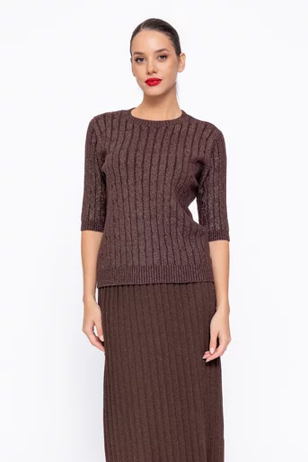 Bluză tricotată cu model opturi și fir lurex maro BLU1104